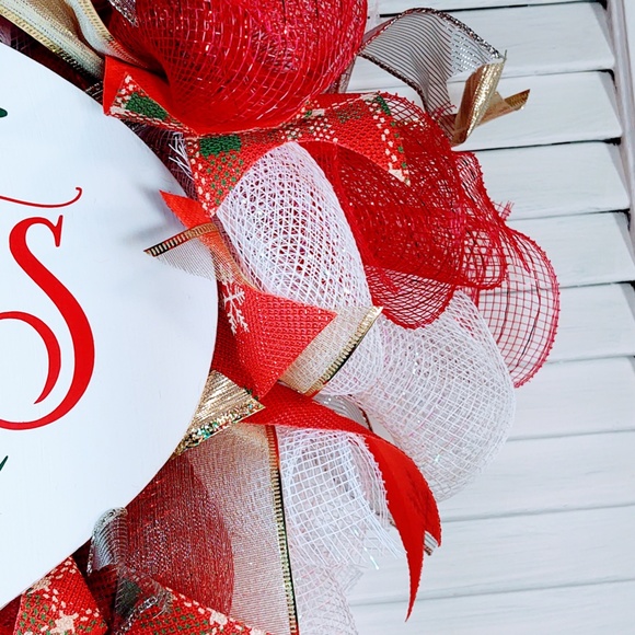 🥳🎉HP🤗 HAND CRAFTED 22" DECO MESH CHRISTMAS WREATH/THIS HOME BELIEVES SIGN 22" - Picture 5 of 7